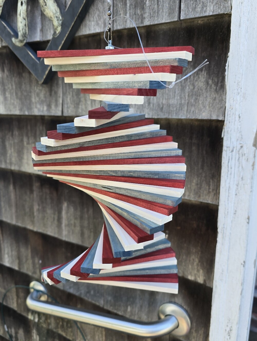 Wooden Wood Spinner Stained Red White Blue USA Flag 4th Of July Wind Windchime
